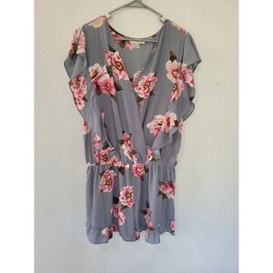 Umgee USA Gray Floral Print Romper Ruffle Flutter Sleeve V Neck Women's XL #11‎